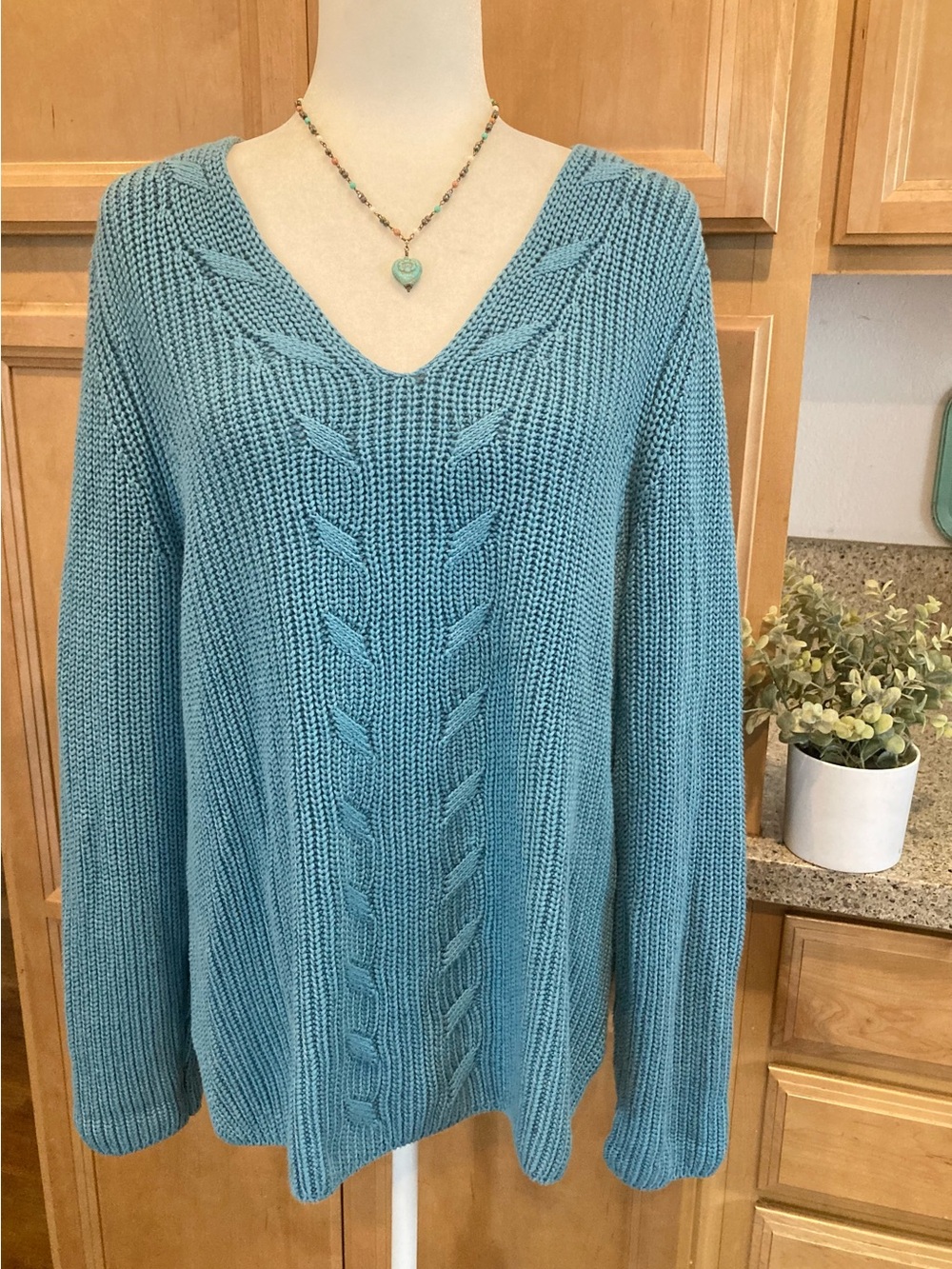 Coldwater Creek 100% Cotton V-Neck Cable Sweater